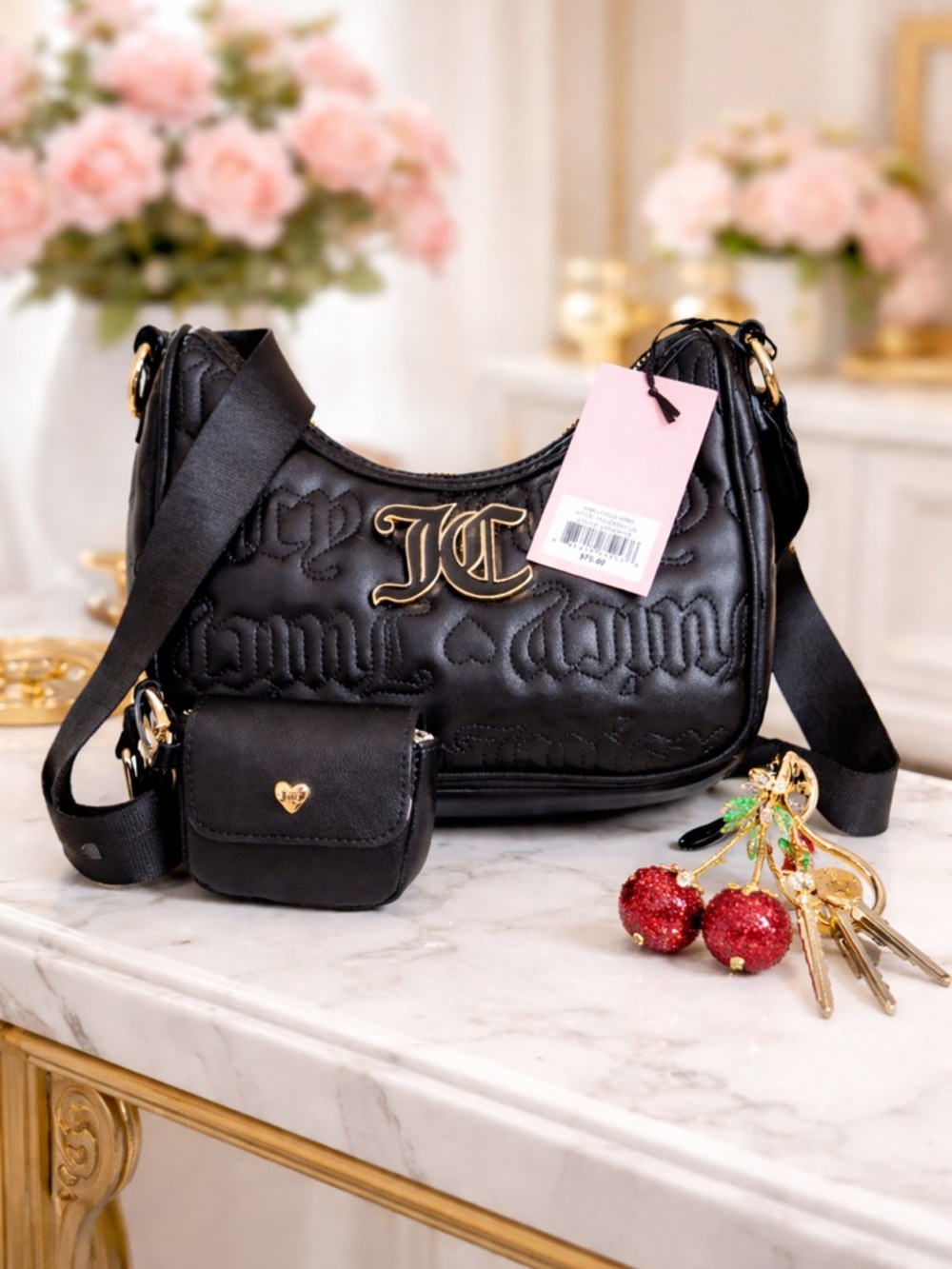 Juicy Couture Pink League Hobo Black Quilted Logo w/coin purse Y2K JC emblem